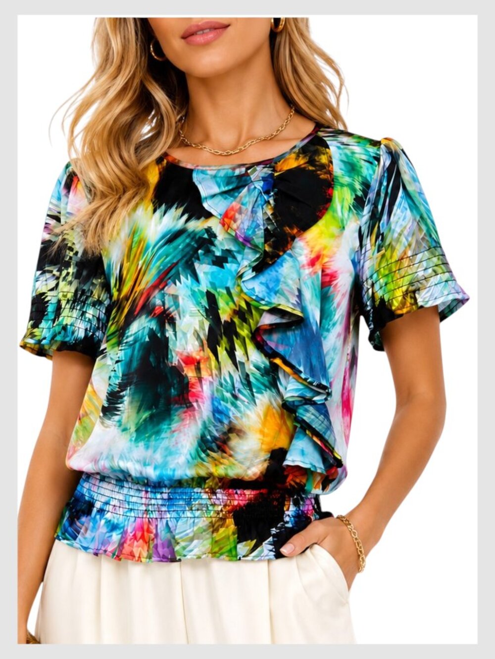 Ted Baker Blouse Blue Green Abstract Ruffle Peplum Top Size 3 US M 8